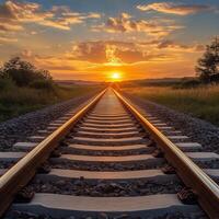 Railroad tracks extending into the horizon at sunset, casting a golden glow across the landscape photo