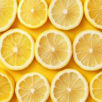 Pattern of fresh lemon slices arranged on a vibrant yellow background, showcasing citrus freshness photo