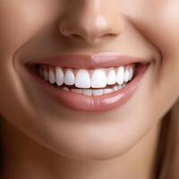 Close-up of a smiling woman with perfect white teeth and smooth lips displaying natural beauty photo