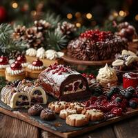 Festive Christmas dessert spread with yule log, cookies, cakes, and berries on a rustic table photo