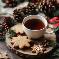Cup of tea with gingerbread cookies on a wooden tray surrounded by pinecones and festive Christmas decoration photo
