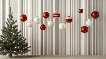Christmas tree with red and white baubles hanging against a minimalist modern interior background photo