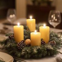 Festive holiday table centerpiece with glowing candles, pine cones, and greenery creating a cozy Christmas atmosphere photo