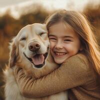 Happy young girl hugging her smiling golden retriever in a warm outdoor setting photo
