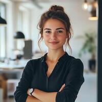 Smiling young woman in a black shirt with arms crossed in a modern, well lit office environment photo