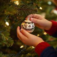 Child decorating a Christmas tree with a handcrafted bauble, creating a warm and festive holiday atmosphere photo