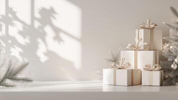 Minimalist Merry Christmas and Happy New Year greeting card or web banner with elegant white gift boxes, copy space for text in a bright minimalist setting with soft shadows photo