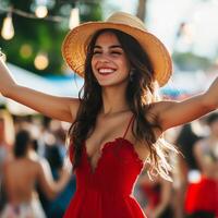 Smiling woman in a red dress and straw hat enjoying a summer festival outdoors with vibrant energy photo