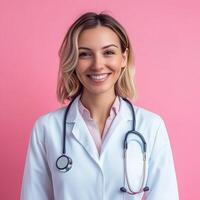 Female doctor smiling in white lab coat with stethoscope on pink background, expressing confidence photo