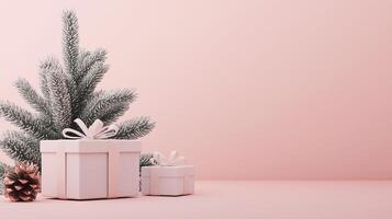 Minimalist Merry Christmas and Happy New Year greeting card or web banner with gift boxes, pine branches and copy space for text. Minimal art banner, poster, cover template photo