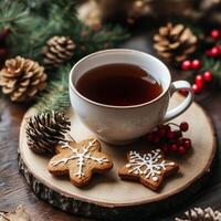 Cup of tea with star-shaped gingerbread cookies and pinecones on a wooden table decorated for Christmas photo