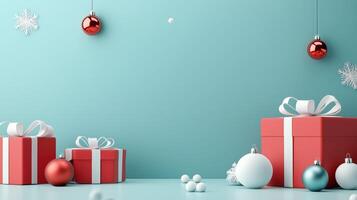 Minimalist Merry Christmas and Happy New Year greeting card or web banner with red and white Christmas gift boxes, ornaments, copy space for text on a light blue background. Minimal art banner photo