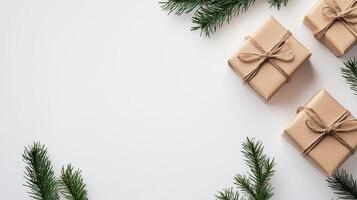 Minimalist Merry Christmas and Happy New Year greeting card or web banner with gift boxes, pine branches on a white background representing minimalist Christmas decor. Minimal art banner, poster photo