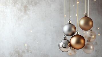 Merry Christmas and Happy New Year greeting card or web banner. Modern beautiful Xmas design with Christmas ornaments hanging, copy space for text, festive holiday lights and bokeh background. photo