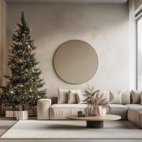 Minimalist Christmas living room with a decorated tree, neutral tones, and modern furnishings photo