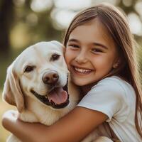 Smiling young girl hugging her happy labrador retriever in a sunny outdoor setting photo