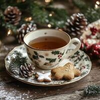 Christmas tea in a decorated cup with star-shaped cookies and pinecones on a festive table with holiday decor photo