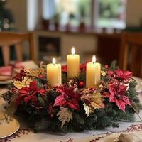 Elegant Christmas table centerpiece with glowing candles, poinsettias, and festive greenery, creating a warm holiday atmosphere photo