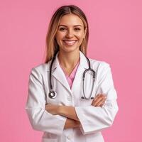 Smiling female doctor with a stethoscope wearing a white coat standing against a pink background photo