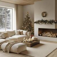 Cozy modern Christmas living room with neutral tones, a decorated tree, and a festive fireplace photo
