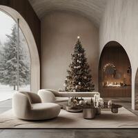 Modern minimalist Christmas living room with a decorated tree, arched windows, and elegant furnishings photo