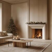 Cozy living room interior with decorated Christmas tree and fireplace creating a warm holiday atmosphere photo