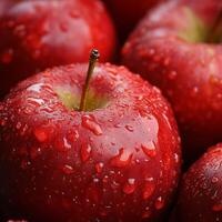 Fresh red apple covered in water droplets in a close-up view showcasing its vibrant color and natural texture photo