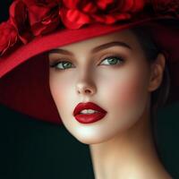 Elegant portrait of a woman in a red hat with bold makeup and vibrant flowers in a glamorous style photo