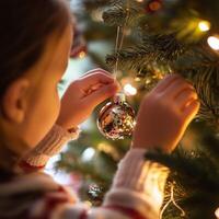 Child hanging a Christmas ornament on the tree, creating a festive and cozy holiday atmosphere with warm lights photo