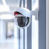Modern security camera mounted on a wall in a bright hallway, featuring a sleek design and surveillance technology photo
