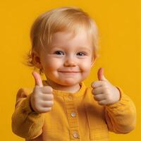 Happy baby giving double thumbs-up gesture, smiling in a yellow outfit against a vibrant yellow background photo