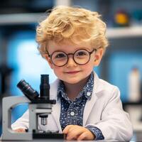 Cute young boy wearing glasses and a lab coat while using a microscope in a modern science laboratory photo