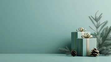 Minimalist Merry Christmas and Happy New Year greeting card or web banner with elegant gift boxes, pinecones, branches and copy space for text on a light green background. Winter holiday decor photo