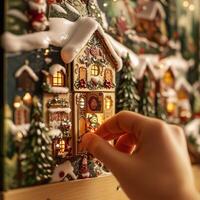 Hand interacting with a detailed Christmas village advent calendar surrounded by snow and festive decoration photo