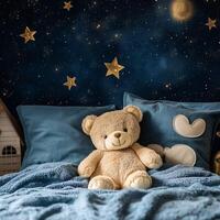 Cozy children's bedroom with a teddy bear on a bed and a starry night sky theme with glowing stars and a moon photo