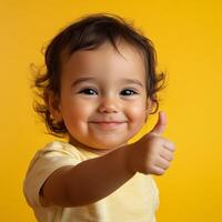 Adorable baby smiling and giving a thumbs-up gesture, cheerful portrait against a bright yellow background photo