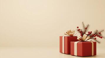 Festive greeting card with red and gold gift boxes, festive decorations copy space for text on a simple beige background for holiday celebrations. Minimal art banner, poster, cover template photo