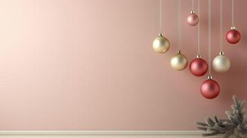 Christmas tree with red and white baubles hanging against a minimalist modern interior background photo