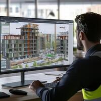 Architect designing modern residential buildings using CAD software on a computer in an urban office environment photo