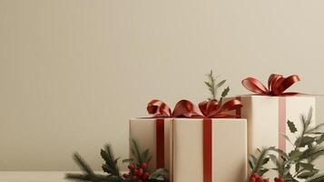 Christmas banner with elegant gift boxes with red ribbons, copy space for text and festive greenery on a neutral background for Christmas celebrations. Minimal art banner, poster, cover template photo