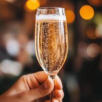 Close-up of a hand holding a champagne glass with sparkling bubbles in a warm festive atmosphere photo
