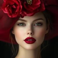 Elegant portrait of a woman with bold red lipstick and a red floral hat in a classic fashion style photo
