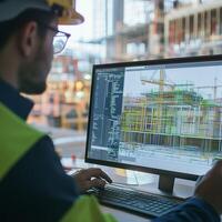 Engineer using CAD software on a computer to design a construction project at a modern building site photo