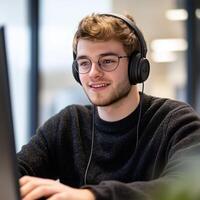Smiling young man with glasses and headphones working at a computer in a modern office setting photo