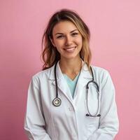 Smiling female doctor in lab coat with stethoscope on pink background, showcasing professional healthcare photo