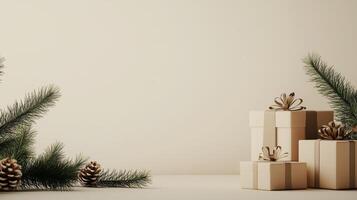 Minimalist Christmas gift boxes with pine branches and pinecones, copy space for text on a beige background for seasonal decor photo