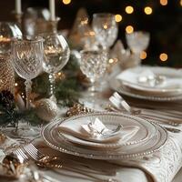 Luxurious Christmas table setting with crystal glasses, elegant white plates, and festive decor photo