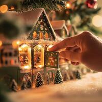 Hand opening a window on a snow-covered Christmas village advent calendar illuminated by festive holiday lights photo