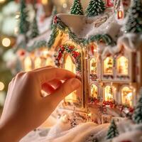 Hand opening a door on a snow-covered Christmas village advent calendar illuminated with festive lights photo