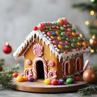 Colorful gingerbread house with candy decorations and icing details, set in a festive Christmas scene photo